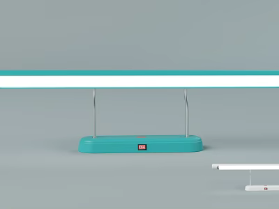 Light Blue Desk Lamp With Silver Stands White Bar And Red Logo On Base 3d model