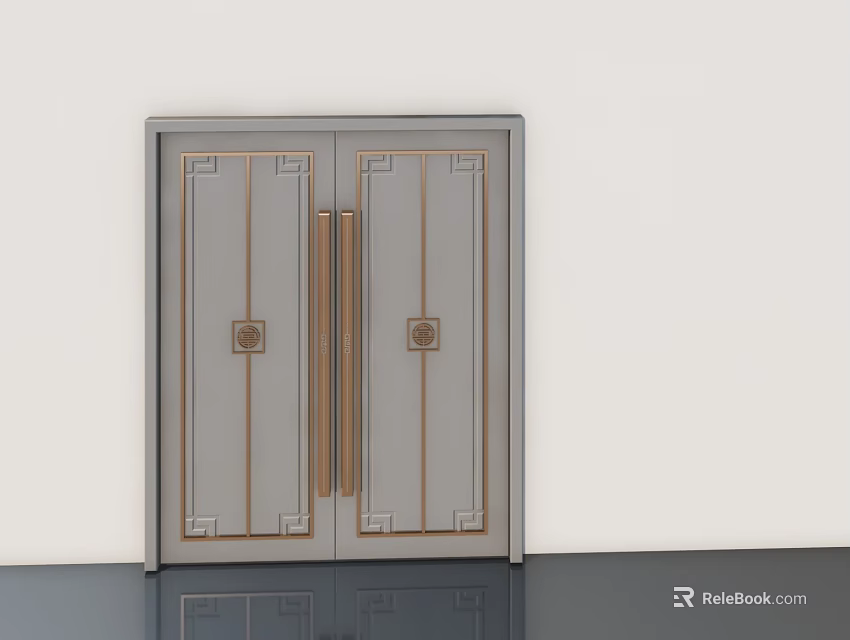 Elegant Modern Double Doors With Brass Handles And Decorative Panel Design 3d model