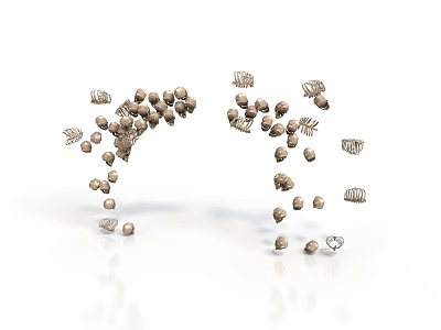 Brown Small Balls And Shell Like Decorations Scattered In Air On White Background 3d model