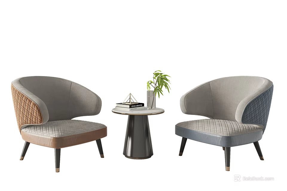 Modern Leisure Sofa Set with Two Single Fabric Sofas Small Coffee Table and Potted Plant 3d model