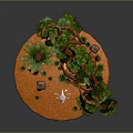 Lush Green Leafy Trees With Brown Trunks Potted Plant And Small Decorations On Orange Ground