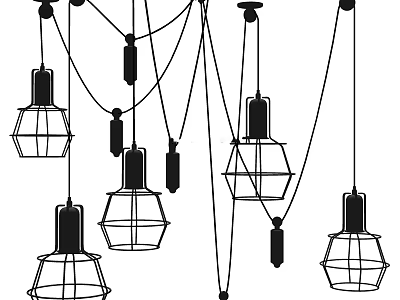 Modern Industrial Pendant Lights With Black Wireframe Shades And Hanging Cords Design 3d model