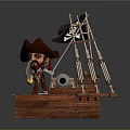 Game Movie Pirate Character Standing On Wooden Ship With Skull Flag And Cannon