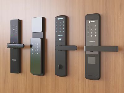 Smart Door Locks With Different Designs Keypad And Fingerprint On Wooden Wall 3d model