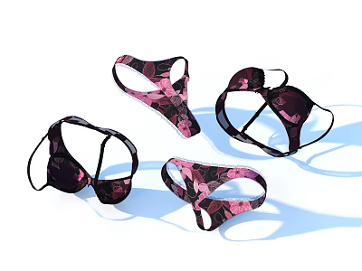 Adorable Black And Pink Floral Pattern Bras With Unique Strappy Designs 3d model