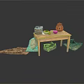 Rustic Wooden Table Display With Clay Pot Woven Baskets And Cloth