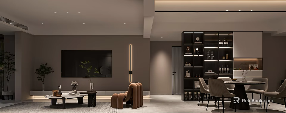 Modern Living Dining Room Interior With Brown Accent Chair TV Wall And Black Bookshelf 3d model 