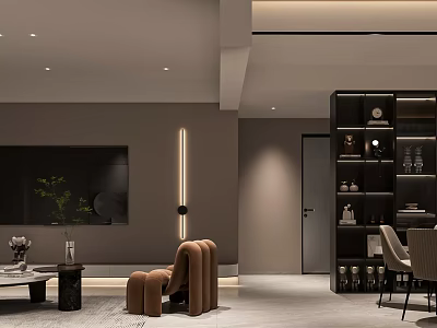 Modern Living Dining Room Interior With Brown Accent Chair TV Wall And Black Bookshelf 3d model