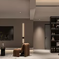 Modern Living Dining Room Interior With Brown Accent Chair TV Wall And Black Bookshelf