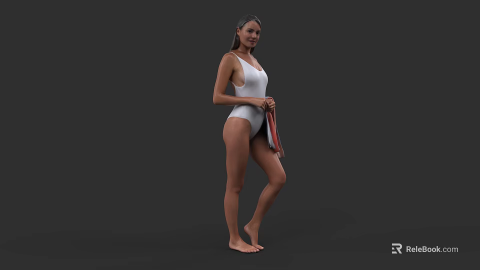 Woman In White One Piece Swimsuit Holding Red And Gray Towel Barefoot On Gray Background 3d model 