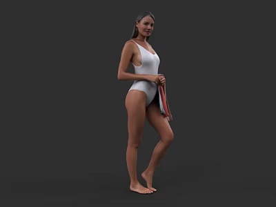 Woman In White One Piece Swimsuit Holding Red And Gray Towel Barefoot On Gray Background 3d model