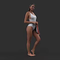 Woman In White One Piece Swimsuit Holding Red And Gray Towel Barefoot On Gray Background