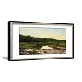 Scenic Landscape Painting with Green Meadow Flowing Stream and Lush Trees on Hillside