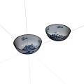 Elegant Ceramic Tableware Set Featuring Two Bowls with Blue Floral Patterns 3d model