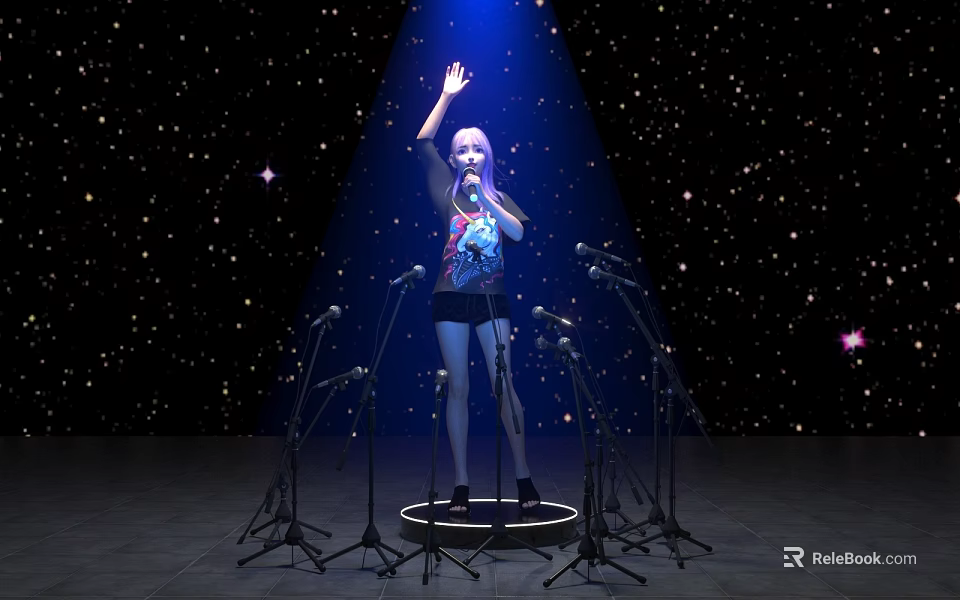 Art Installation Featuring Female Figure With Multiple Microphone Stands And Starry Background Blue Lighting Stage 3d model 