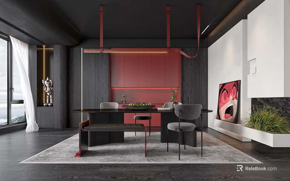 Modern Restaurant Interior With Open Design Dining Table Gray Chairs And Red Cabinets 3d model