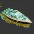 Detailed Decorative Model Boat With White And Blue Hull On Green Grass Dark Background
