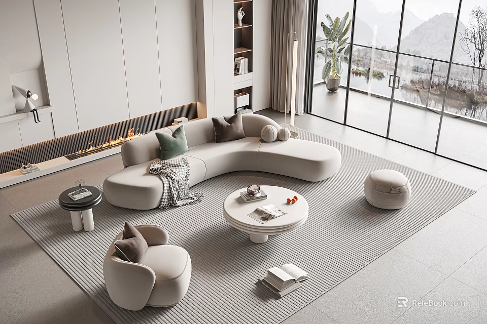 Modern Curved Sofa and Round Coffee Table Set with Throw Pillows Ottoman and Mountain View 3d model 