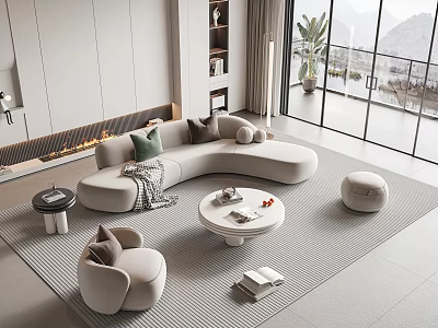 Modern Curved Sofa and Round Coffee Table Set with Throw Pillows Ottoman and Mountain View 3d model