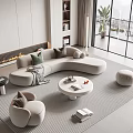 Modern Curved Sofa and Round Coffee Table Set with Throw Pillows Ottoman and Mountain View
