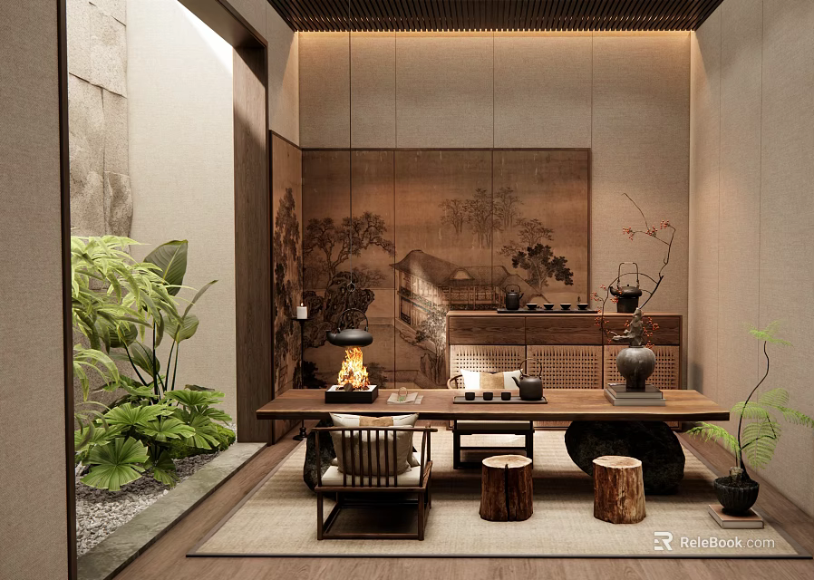 Traditional Tea Room Interior With Wooden Table Tea Set Decorative Screen Green Plants And Stools 3d model 