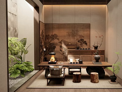 Traditional Tea Room Interior With Wooden Table Tea Set Decorative Screen Green Plants And Stools 3d model