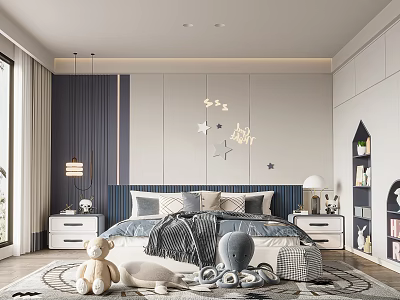 Cozy Kids Room Interior With Navy Blue Bed Star Moon Decor Stuffed Toys And Rug 3d model