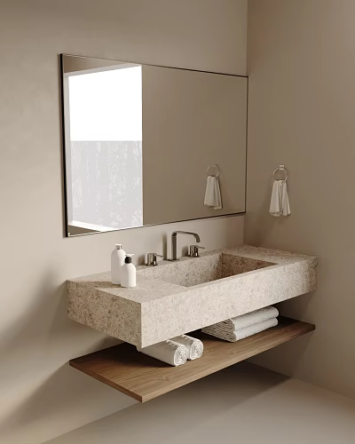 Minimalist Modern Bathroom Vanity With Stone Sink Large Mirror And Towels 3d model