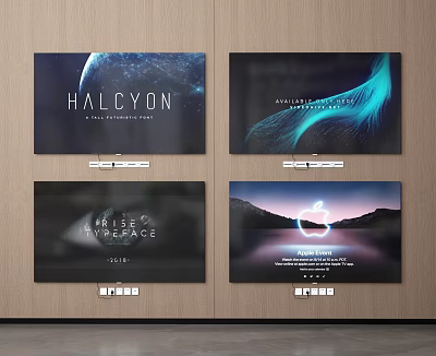 Four TVs Mounted on Wooden Wall with Various Screen Displays and Modern Look 3d model