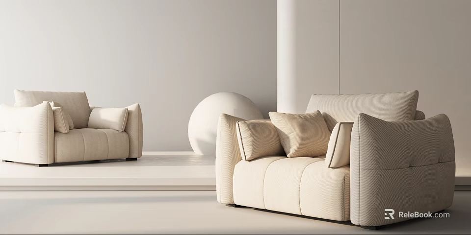 Modern Beige Single Sofa With Soft Cushions In Minimalist Interior Space With Round Decor 3d model 