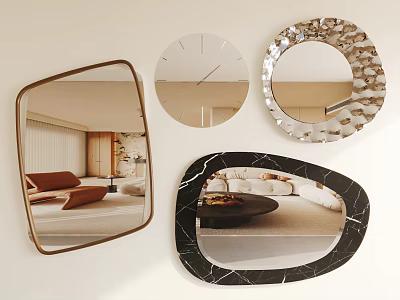 Wall Decor Mirrors in Various Shapes with Brown Frame Silver Accent and Marble Texture 3d model