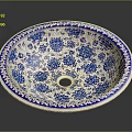 Hand Carved Ceramic Sculpture Washbasin With Blue And White Floral Patterns