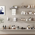 Modern Bathroom Accessories on Shelves with Bottles Towels and Decorative Items