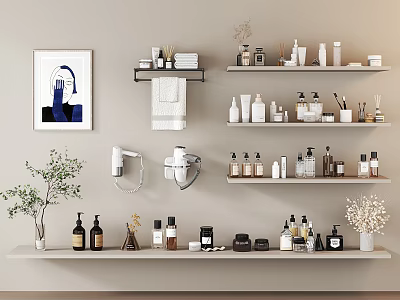 Modern Bathroom Accessories on Shelves with Bottles Towels and Decorative Items 3d model