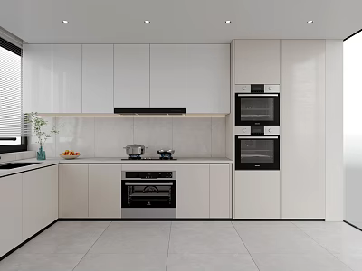 Modern Kitchen Interior With White Cabinets Built in Ovens And Kitchen Appliances 3d model