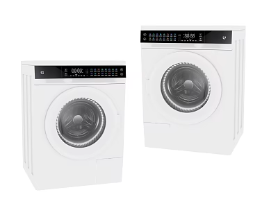 Two White Front Loading Washing Machines With Black Control Panels And Circular Doors 3d model