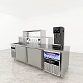 Modern Commercial Kitchen Workstation Featuring Stainless Steel Counter Water Dispenser And Freezer Unit