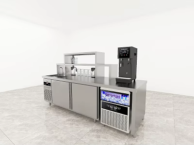 Modern Commercial Kitchen Workstation Featuring Stainless Steel Counter Water Dispenser And Freezer Unit 3d model