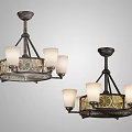 Vintage Style Chandeliers With White Glass Shades And Decorative Metal Frames