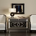 Elegant Entryway Console Table With Two White Chairs Table Lamp And Mirror 3d model
