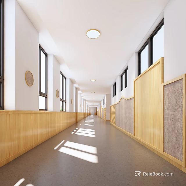 Bright Office Hallway with Wooden Panel Walls Ceiling Lights Large Windows and Sunlight Streaming 3d model 