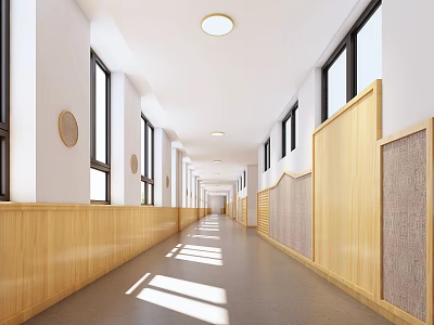 Bright Office Hallway with Wooden Panel Walls Ceiling Lights Large Windows and Sunlight Streaming 3d model