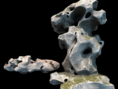 Natural Stone and Wood Rockery Sculptures with Irregular Holes and Moss Covered Surfaces 3d model