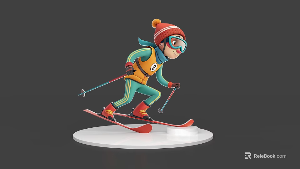 Cartoon Game Character Skiing On White Base Wearing Red Hat Goggles Green Yellow Suit 3d model 