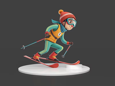 Cartoon Game Character Skiing On White Base Wearing Red Hat Goggles Green Yellow Suit 3d model