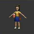 3D Girl Character With Brown Ponytail Yellow Shirt Blue Skirt Holding Orange Cup And Pink Cream