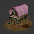Vintage Wooden Wagon With Pink Canvas Cover And Wheels On Orange Ground