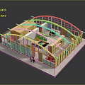 Scenic Architectural Model Featuring Wooden Frame Curved Roof Interior Kitchen And Two People