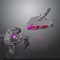 Sci Fi Mechanical Characters With Spherical Support And Ship Shaped Bodies Illuminated By Pink Lights