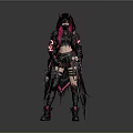 Woman With Pink Hair And Horned Headdress In Black Red Gothic Outfit Holding Skull Accessory
